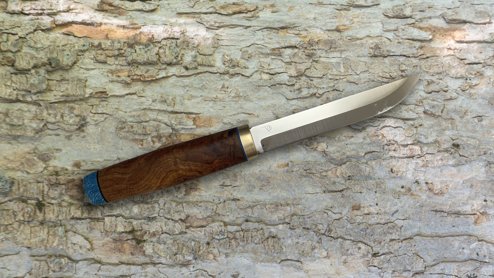 Puukko scandinave inox PBDesign manche loupe d'orme juma gem turquoise